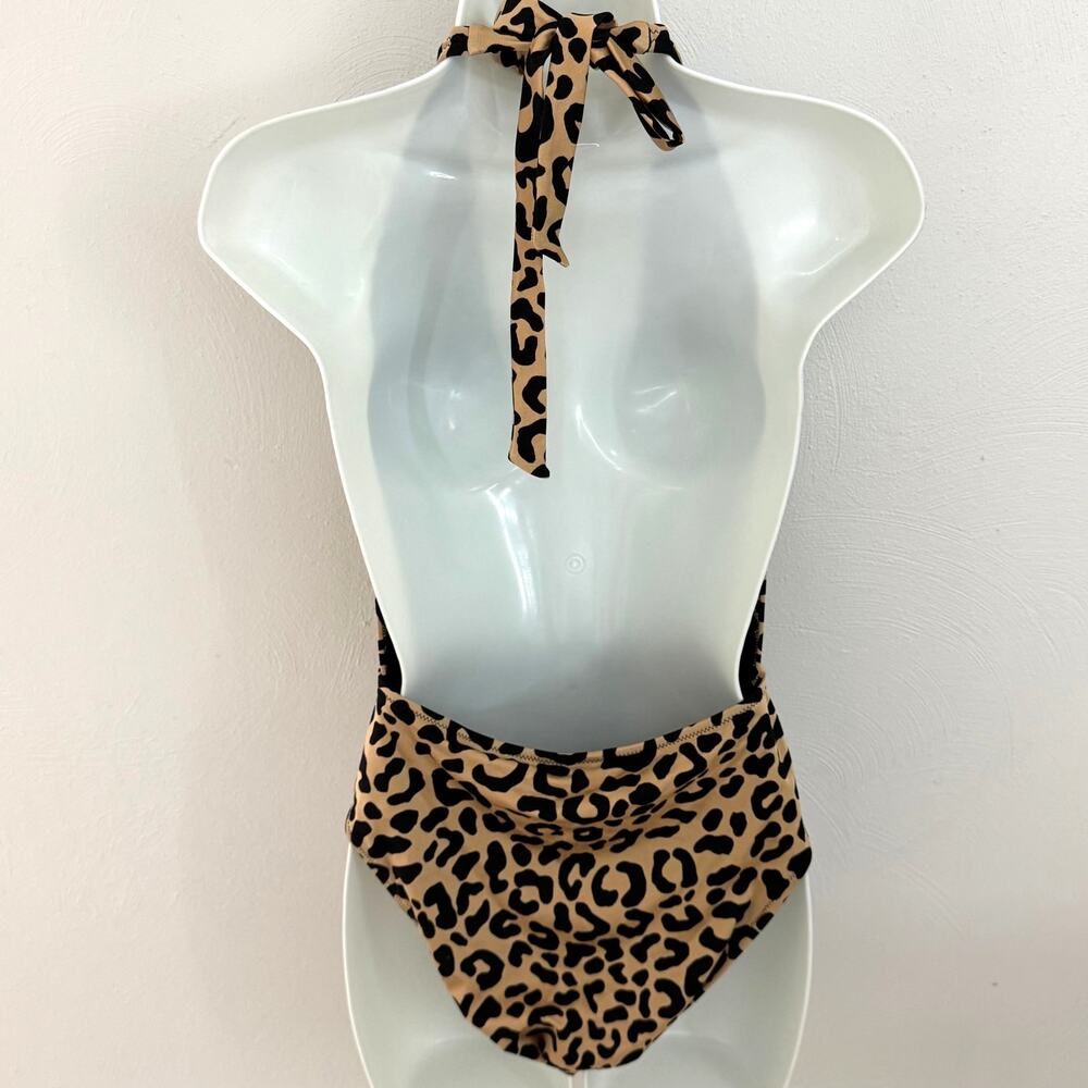 Milly Cabana Leopard Plunge Wrap One Piece Swimsuit Open Back Tie Waist NWT L - Picture 2 of 8